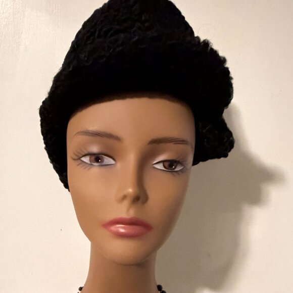Vintage 60s Aviators Russian Pot-Poht Curly Lamb Earflaps Black Warm Winter Hat main image 5